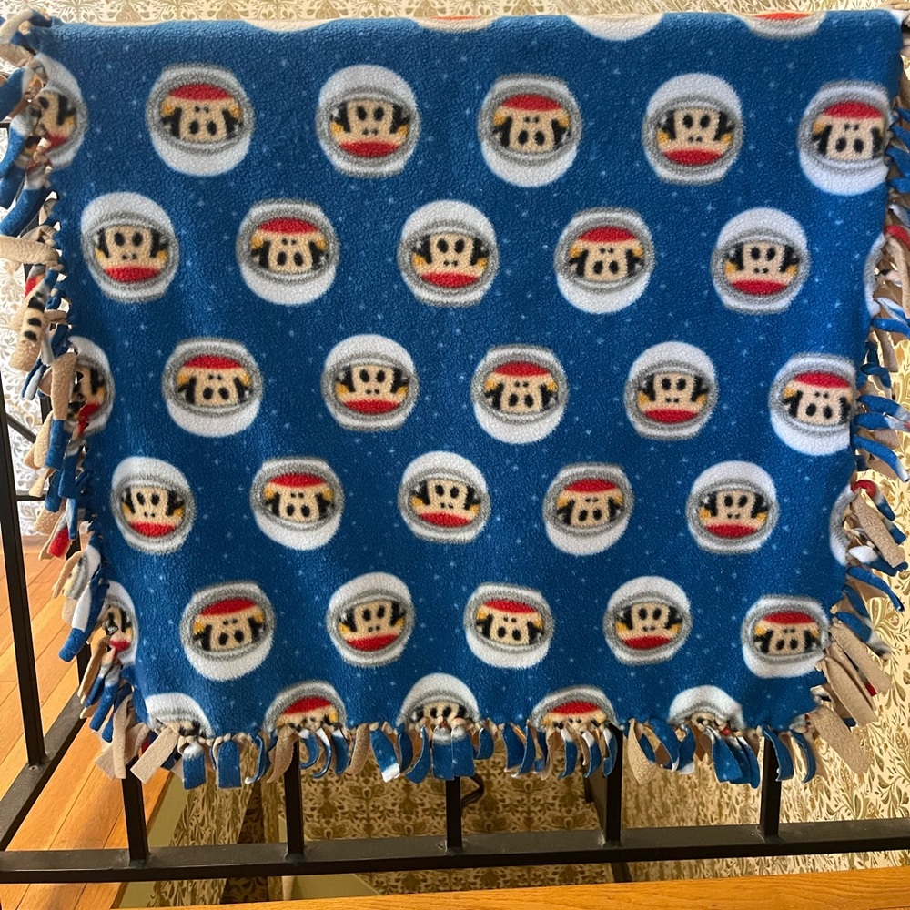 Sock Monkey Fleece Reversible Tie Blanket